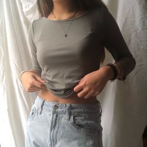 garage olive sage green ribbed quarter sleeve top